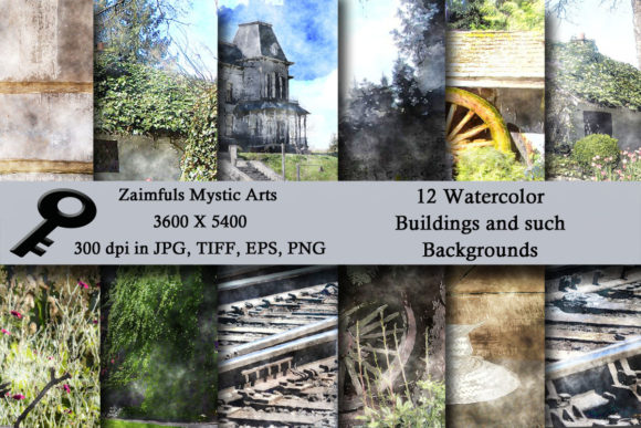 12 Watercolor Buildings and Such Backs Illustrations