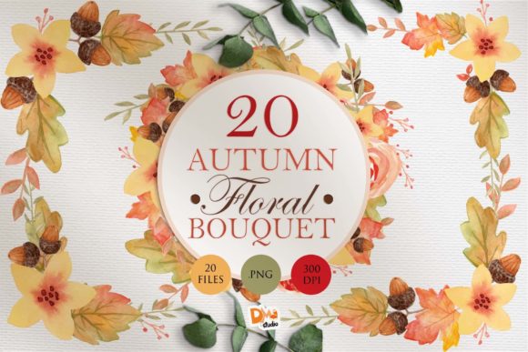 20 Autumn Floral Watercolor Bouquette and Illustrations