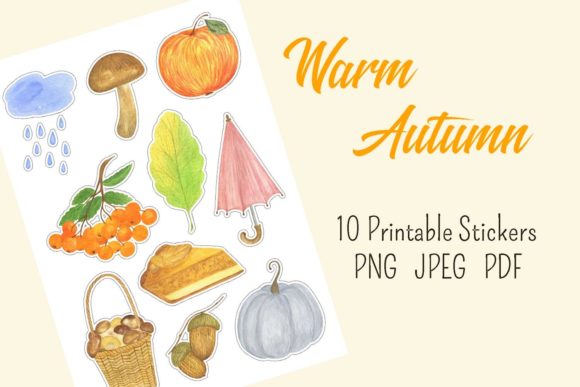Autumn Sticker Pack, Watercolor Fall Illustrations