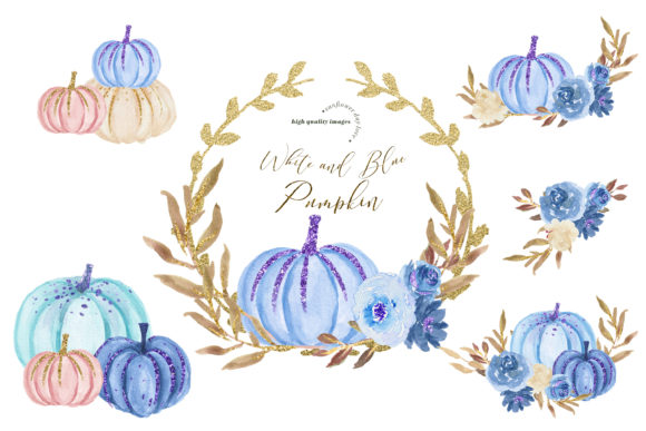 Blue Pumpkin Watercolor Fall Clipart: Editorial Illustrations