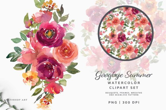 Burgundy and Peachy Watercolor Clipart: Rich Illustrations