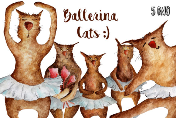 Cats Ballerinas Watercolor Set and Illustrations