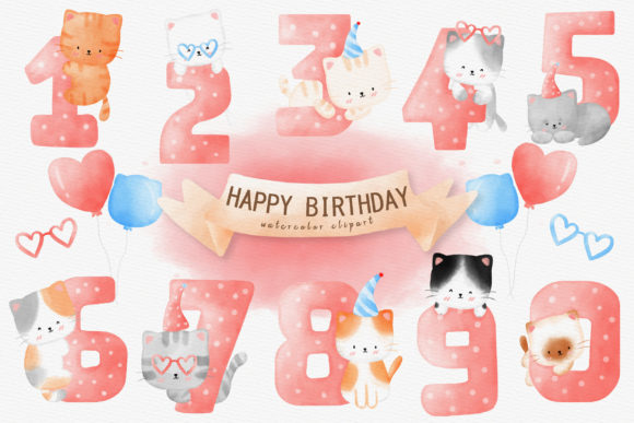 Cats Birthday Number Watercolor Set and Illustrations