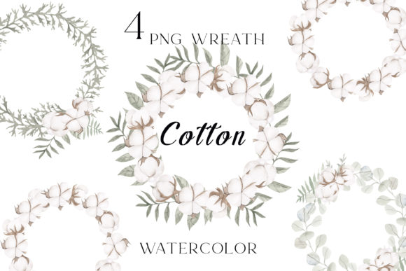 Cotton Wreath Png, Watercolor Illustrations