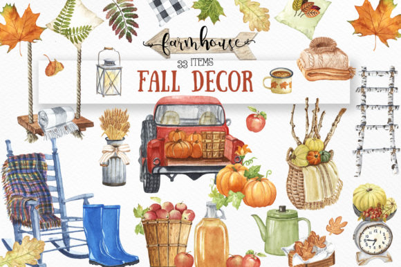 Farmhouse Fall Decor Watercolor Illustrations