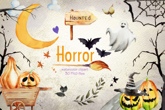 Horror Watercolor Clip Art Set and Illustrations