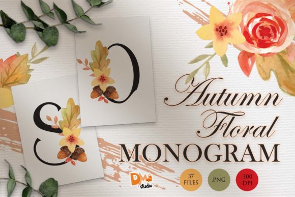 Monogram Autumn Floral Watercolor Set 1 Illustrations