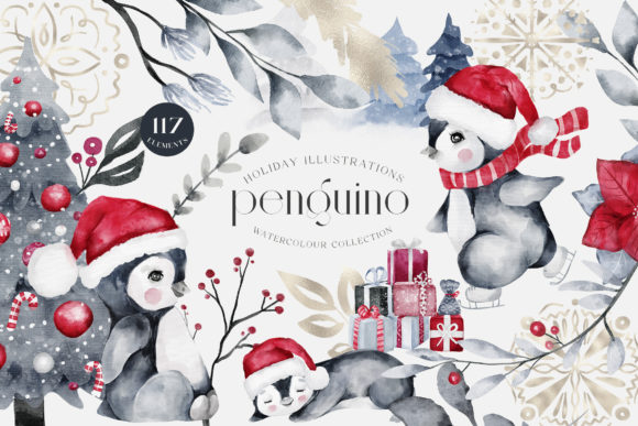 Penguino Festive Watercolor Art PNG