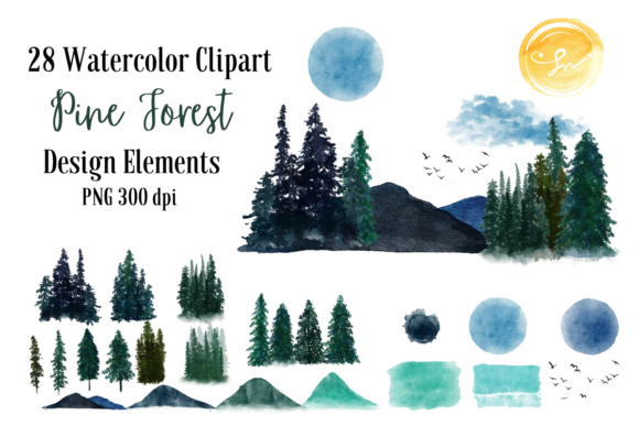 Pine Forest 28 Watercolor Clipart Set and Illustrations