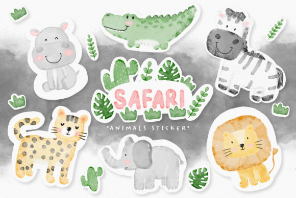 Safari Zoo Animal Sticker Watercolor Set