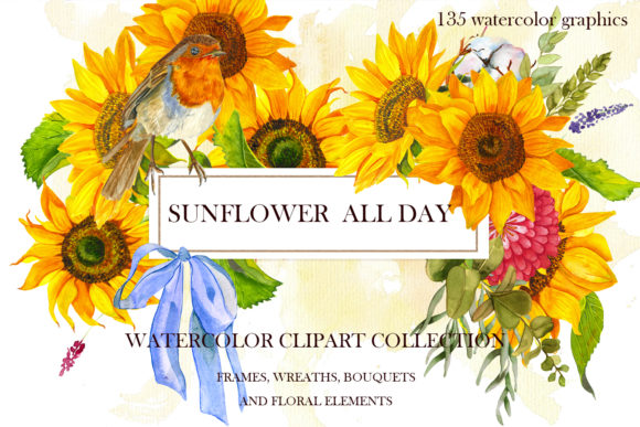 Sunflower and Pumpkin Watercolor Clipart Illustrations