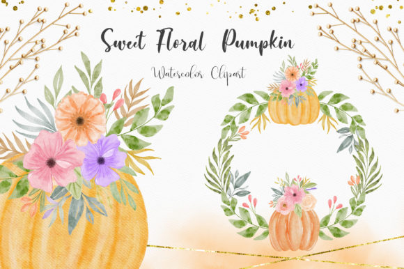 Sweet Floral Pumpkin Watercolor Clipart Illustrations