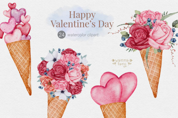 Valentine Waffle Cones Watercolor Illustrations