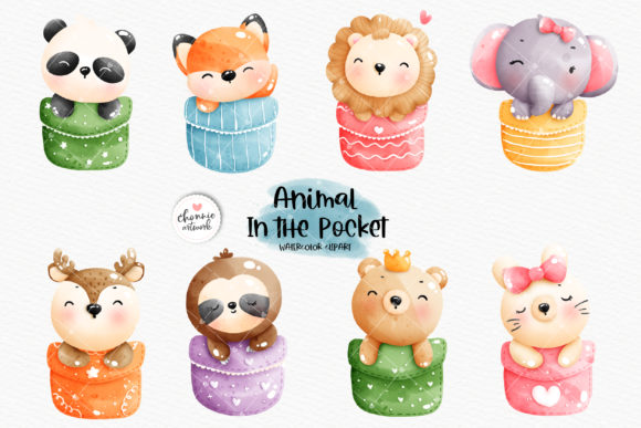 Watercolor Animal in the Pocket Clipart and Illustrations