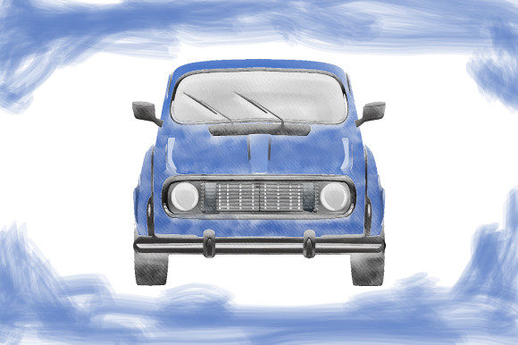 Watercolor Blue Vintage Old Car Design Illustrations