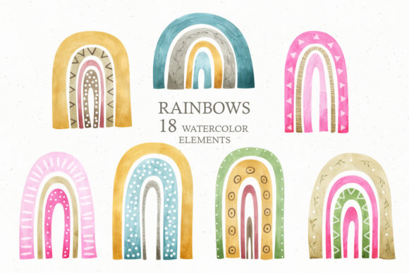Watercolor Boho Rainbows Clipart and Illustrations