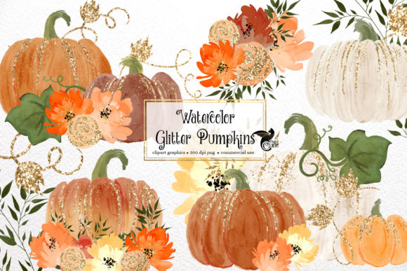 Watercolor Glitter Pumpkins Illustrations