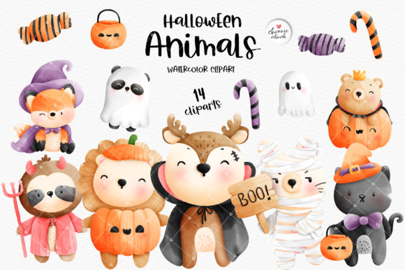 Watercolor Halloween Animals Clipart and Illustrations