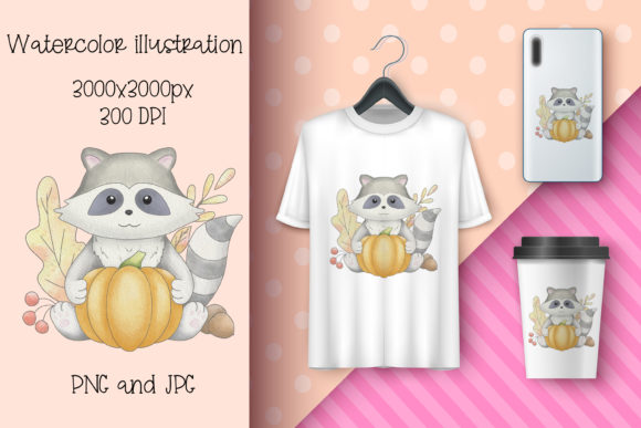 Watercolor Illustration Raccoon, Pumpkin