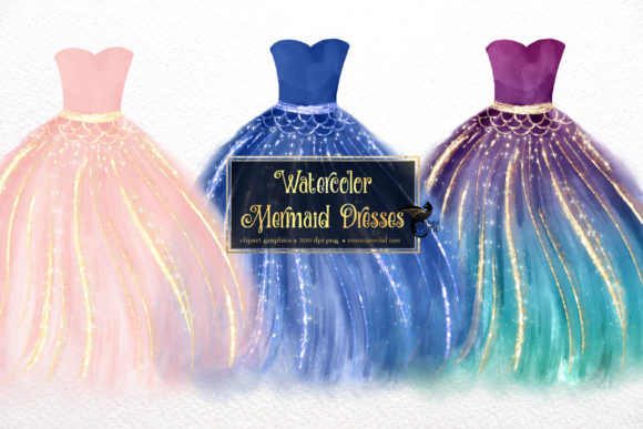 Watercolor Mermaid Dresses Clipart and Illustrations