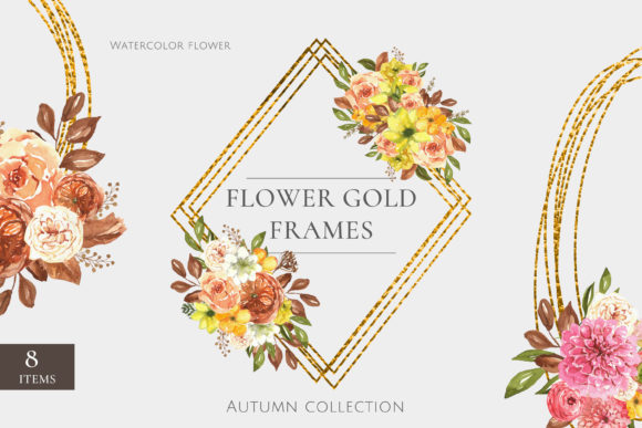 Watercolor Set of Golden Frames Autumn Illustrations