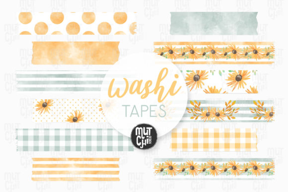 Watercolor Sunflowers Washi Tapes and Illustrations