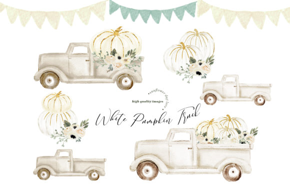 Watercolor White Pumpkin Truck Clipart and Illustrations