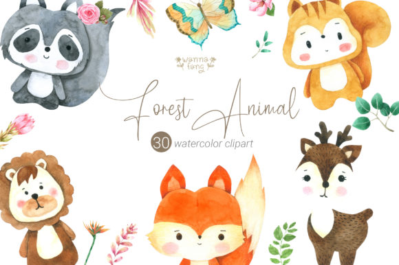 Woodland Animals Watercolor Clipart, PNG